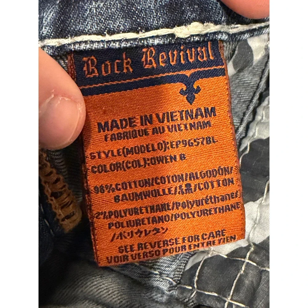 Rock Revival Jeans Men 34 Blue Owen Boot Distressed Ripped Embroidered EP9657BL*